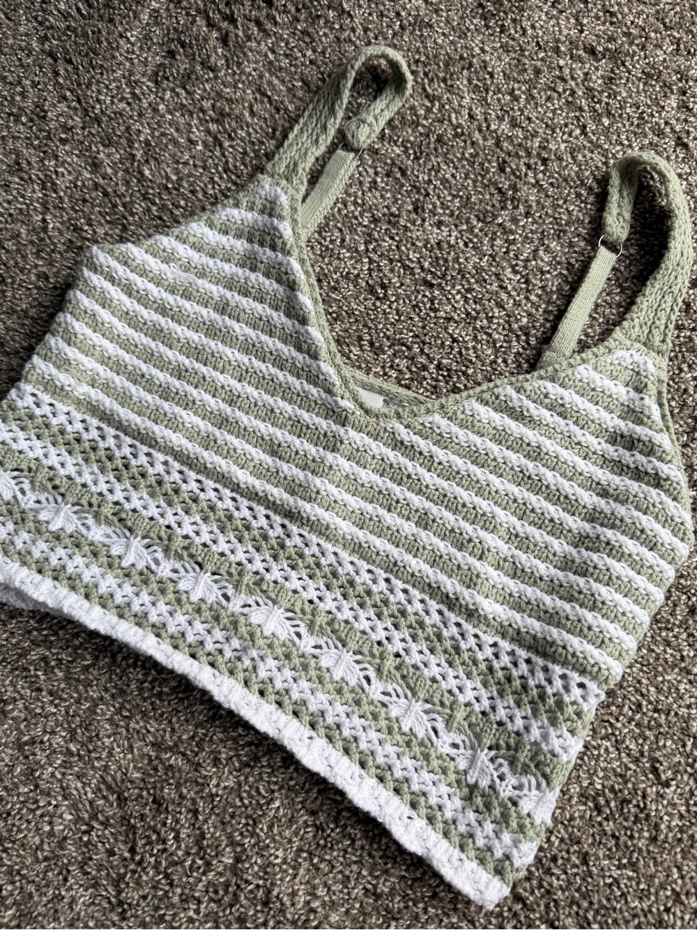 Hollister Sage Green & White Crocheted Top with Brown Accents